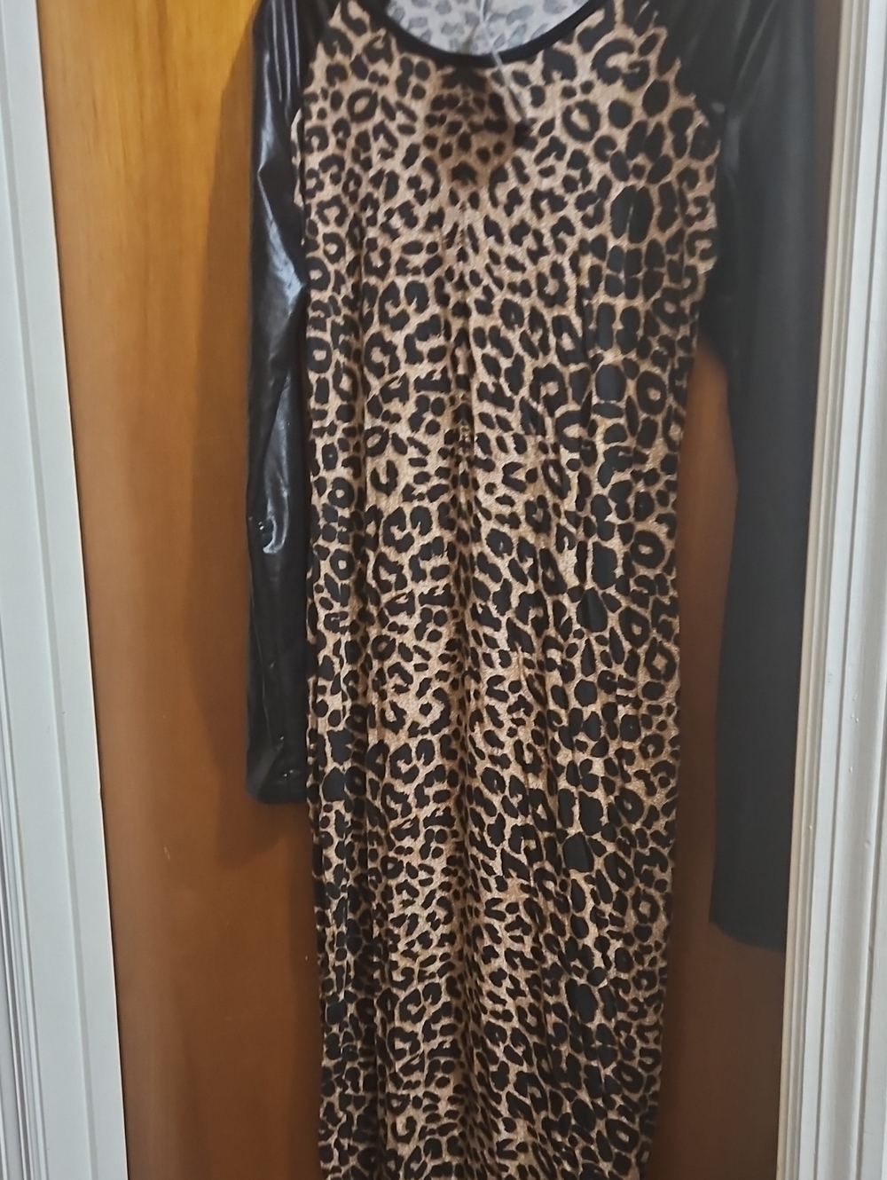 Leopard Print Maxi Dress with Black Faux Leather Sleeves